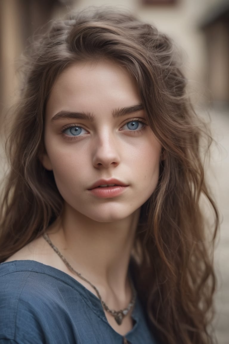 a portrait of a really beautiful 20 year old woman, thin but curvy, model face, blue eyes, thin downward-turned lips, collarbone, brown messy hair, looking at the camera, medieval clothing, worn out clothing, village background