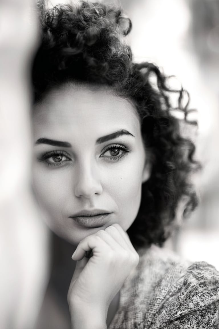A black and white  portrait of a woman with soft, natural curls framing her face. Her expression is thoughtful and introspective, looking-at-viewer. The background is blurred, creating a dreamy effect.
