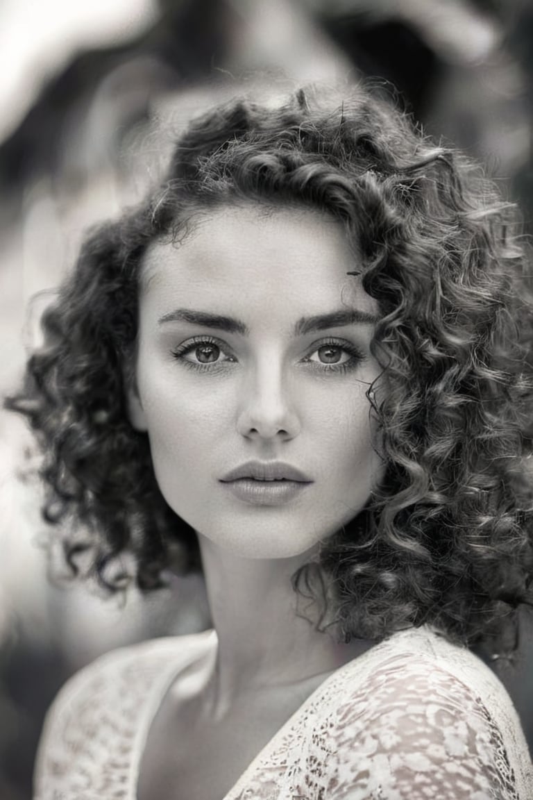 A black and white  portrait of a woman with soft, natural curls framing her face. Her expression is thoughtful and introspective, looking-at-viewer. The background is blurred, creating a dreamy effect.
