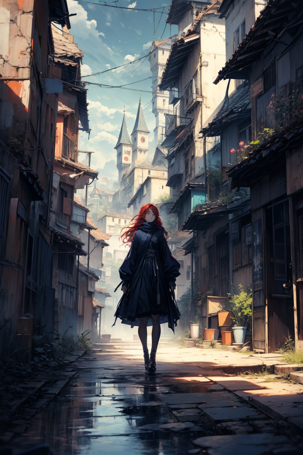 In a gloomy color painting, a girl（15yo） with long red hair, stands in the center of the painting, occupying one third of the painting. She wears shabby dress. The girl has cool blue eyes, dark red hair, and cat ears. Her costume trim has some damage and stains. There is a medieval castle in the main visual background, and the surrounding environment is a dilapidated and gloomy city. The scene is set against a cloudy sky, adding to the authenticity of the painting.