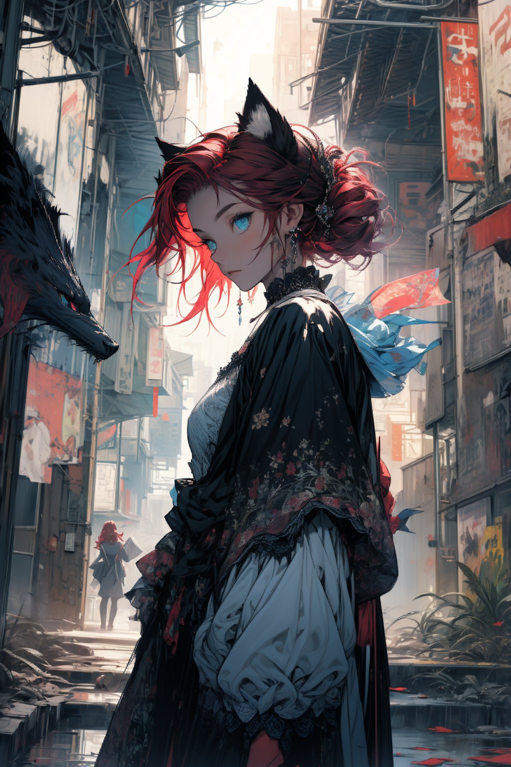 In a gloomy color painting, a girl with long red hair, stands in the center of the painting, occupying one third of the painting. She wears simple shabby clothes. The girl has cool blue eyes, dark red hair, and cat ears. Her costume trim has some damage and stains. There is a medieval castle in the main visual background, and the surrounding environment is a dilapidated and gloomy city. The scene is set against a cloudy sky, adding to the authenticity of the painting.