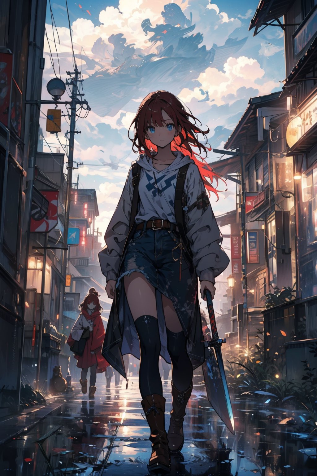 Captured in a vibrant colored painting, a girl with long red hair stands in the middle of the frame. She is dressed in a medieval-style outfit, adorned with a white shirt and blue jeans. Her boots are adorned with brown straps, adding a touch of charm to her outfit. The girl's eyes are a piercing blue, while her hair is a darker shade of red. Her outfit is adorned with white polka dots, a brown belt, and a pair of brown boots. To the right of the girl, a man in a white hooded sweatshirt is holding a sword in his right hand. In the background, a medieval castle is seen, with a bridge crossing over it. The scene is set against a backdrop of a cloudy sky, adding to the authenticity of the painting.