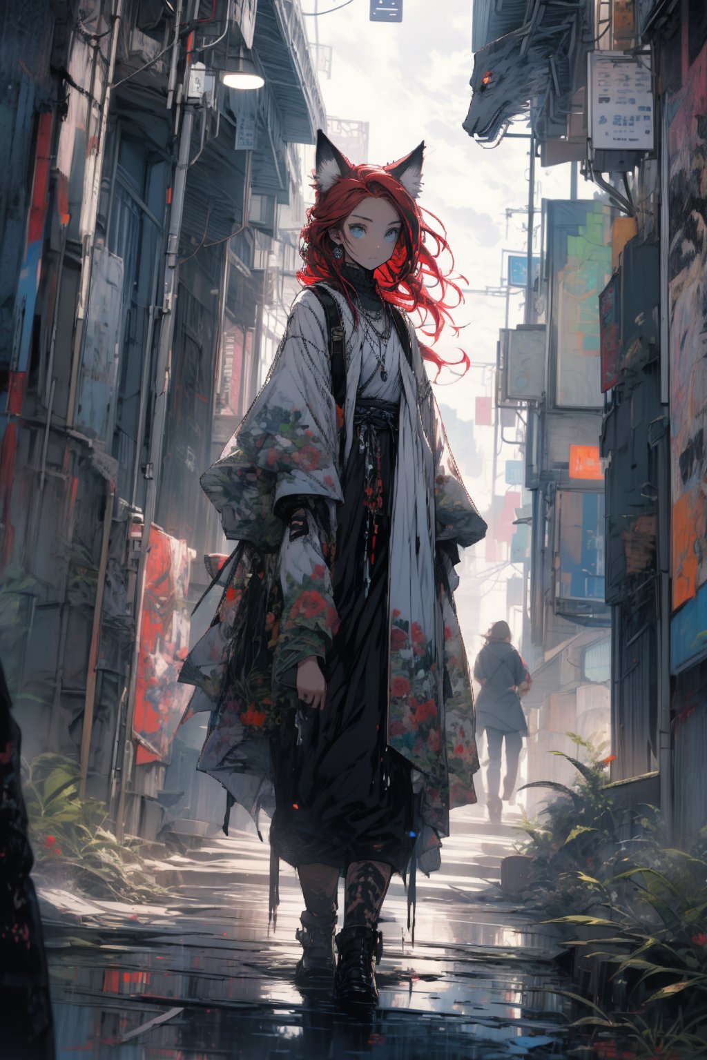 In a gloomy color painting, a girl with long red hair, stands in the center of the painting, occupying one third of the painting. She wears simple shabby clothes. The girl has cool blue eyes, dark red hair, and cat ears. Her costume trim has some damage and stains. There is a medieval castle in the main visual background, and the surrounding environment is a dilapidated and gloomy city. The scene is set against a cloudy sky, adding to the authenticity of the painting.