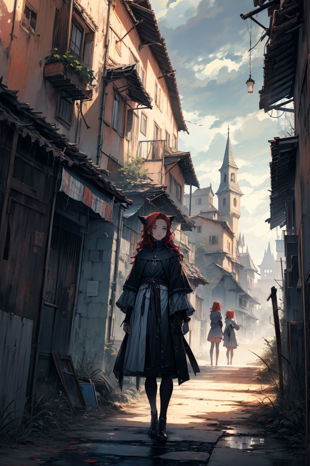 In a dark color painting, a girl（15yo） with long red hair, stands in the center of the painting, occupying one third of the painting. She wears shabby clothes. The girl has cool blue eyes, dark red hair, and cat ears. Her costume trim has some damage and stains. There is a medieval castle in the main visual background, and the surrounding environment is a dilapidated and gloomy city. The scene is set against a cloudy sky, adding to the authenticity of the painting.