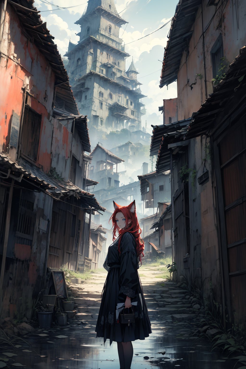 In a gloomy color painting, a girl（15yo） with long red hair, stands in the center of the painting, occupying one third of the painting. She wears shabby dress. The girl has cool blue eyes, dark red hair, and cat ears. Her costume trim has some damage and stains. There is a medieval castle in the main visual background, and the surrounding environment is a dilapidated and gloomy city. The scene is set against a cloudy sky, adding to the authenticity of the painting.