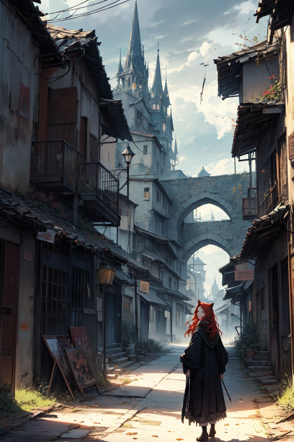 In a dark color painting, a girl（15yo） with long red hair, stands in the center of the painting, occupying one third of the painting. She wears shabby clothes. The girl has cool blue eyes, dark red hair, and cat ears. Her costume trim has some damage and stains. There is a medieval castle in the main visual background, and the surrounding environment is a dilapidated and gloomy city. The scene is set against a cloudy sky, adding to the authenticity of the painting.