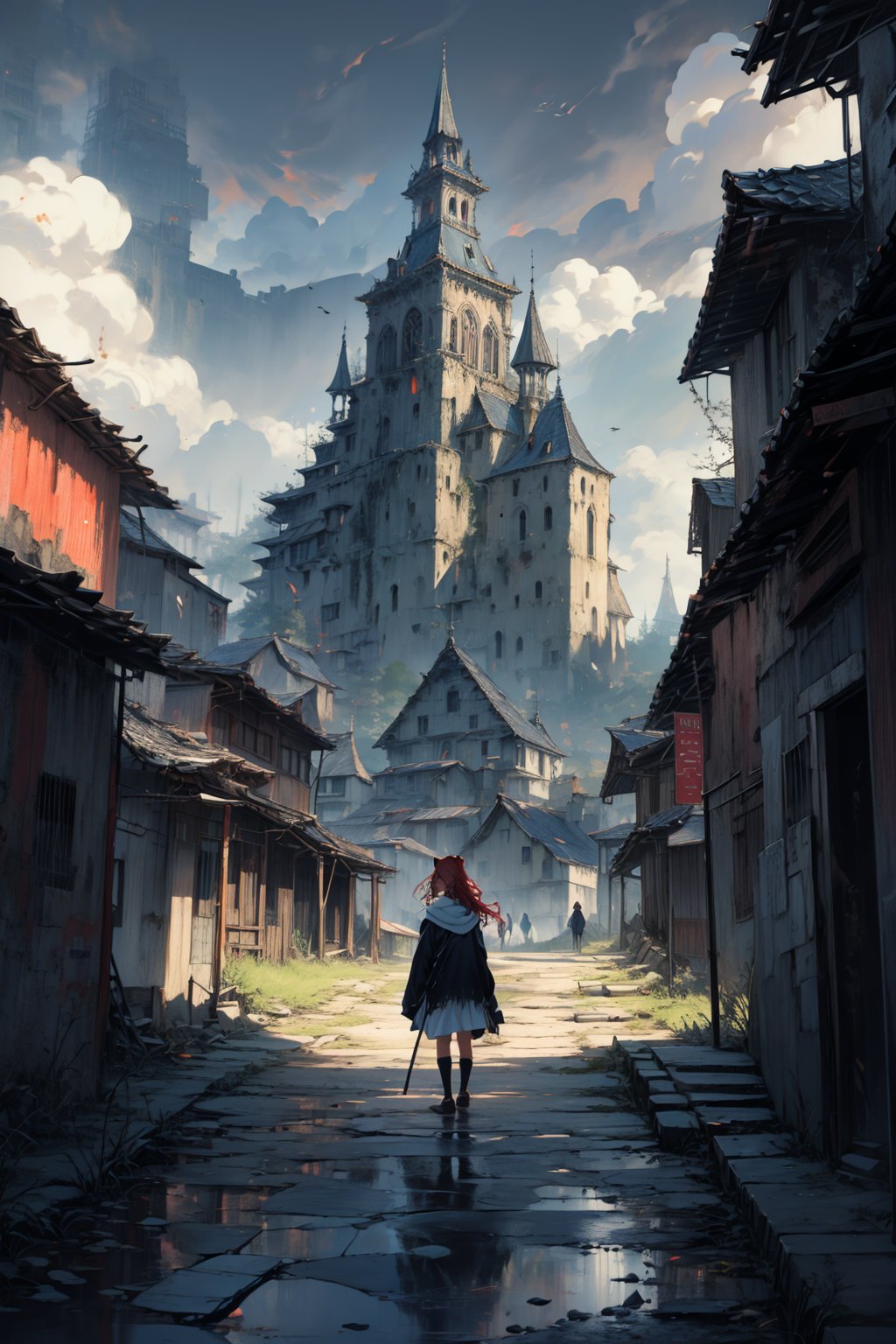 In a gloomy color painting, a girl（15yo） with long red hair, stands in the center of the painting, occupying one third of the painting. She wears broken clothes. The girl has cool blue eyes, dark red hair, and cat ears. Her costume trim has some damage and stains. There is a medieval castle in the main visual background, and the surrounding environment is a dilapidated and gloomy city. The scene is set against a cloudy sky, adding to the authenticity of the painting.