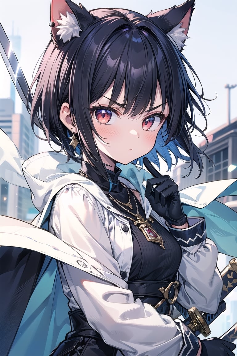 1girl, solo, short hair, looking at viewer, blush, bangs, red eyes, black hair, inner red hair, gloves, long sleeves, animal ears, jewelry, closed mouth, upper body, weapon, earrings, outdoors, black gloves, sword, cat ears, necklace, blue and white cape, v-shaped eyebrows, animal ear fluff, floating hair, holding sword, extra ears, serious, glint, Sexy Pose