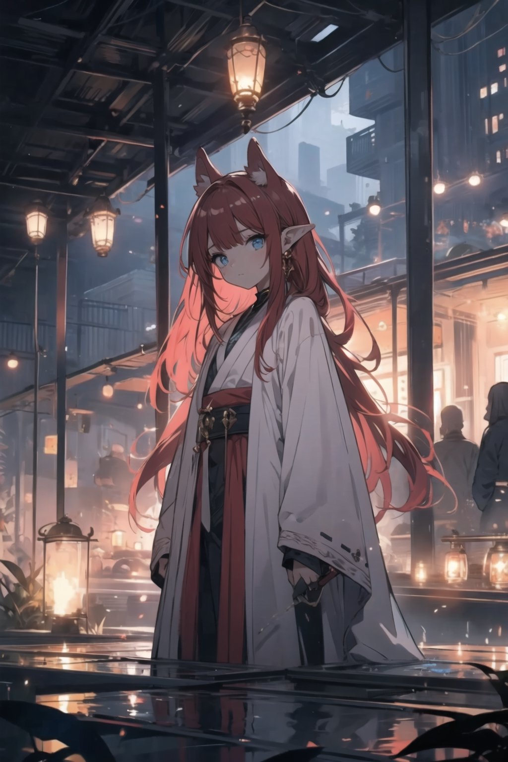 1girl,redhair, moonlight eyes, Holy Light Sect robes, concealed ears, leather chest armor, dual blades, young woman, confident expression, youthful innocence, faint melancholy 