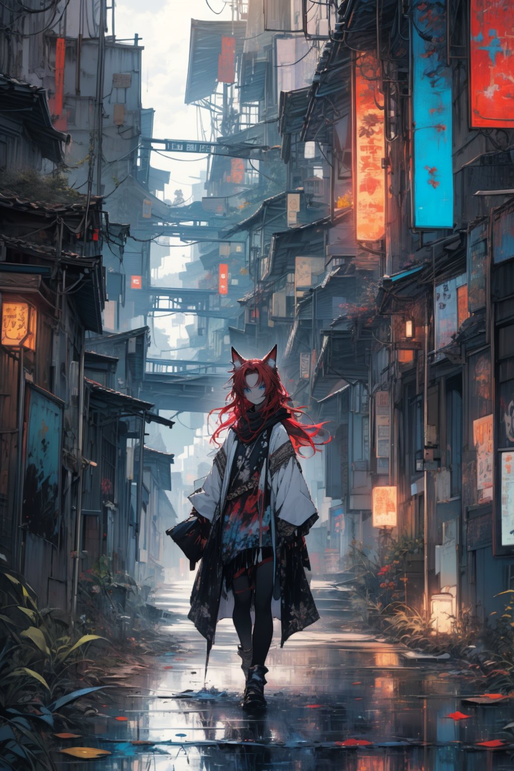 In a gloomy color painting, a girl（15yo） with long red hair, stands in the center of the painting, occupying one third of the painting. She wears broken clothes. The girl has cool blue eyes, dark red hair, and cat ears. Her costume trim has some damage and stains. There is a medieval castle in the main visual background, and the surrounding environment is a dilapidated and gloomy city. The scene is set against a cloudy sky, adding to the authenticity of the painting.