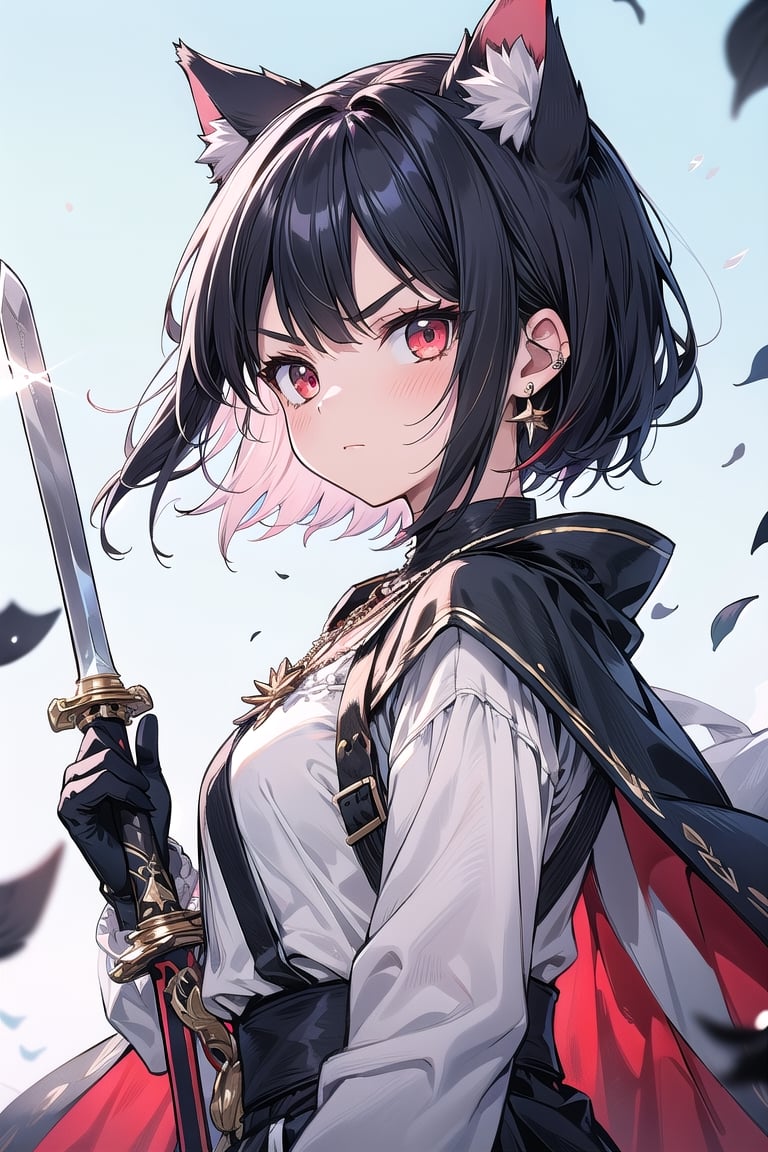 1girl, solo, short hair, looking at viewer, blush, bangs, red eyes, black hair, inner red hair, gloves, long sleeves, animal ears, jewelry, closed mouth, upper body, weapon, earrings, outdoors, black gloves, sword, cat ears, necklace, blue and white cape, v-shaped eyebrows, animal ear fluff, floating hair, holding sword, extra ears, serious, glint, Sexy Pose