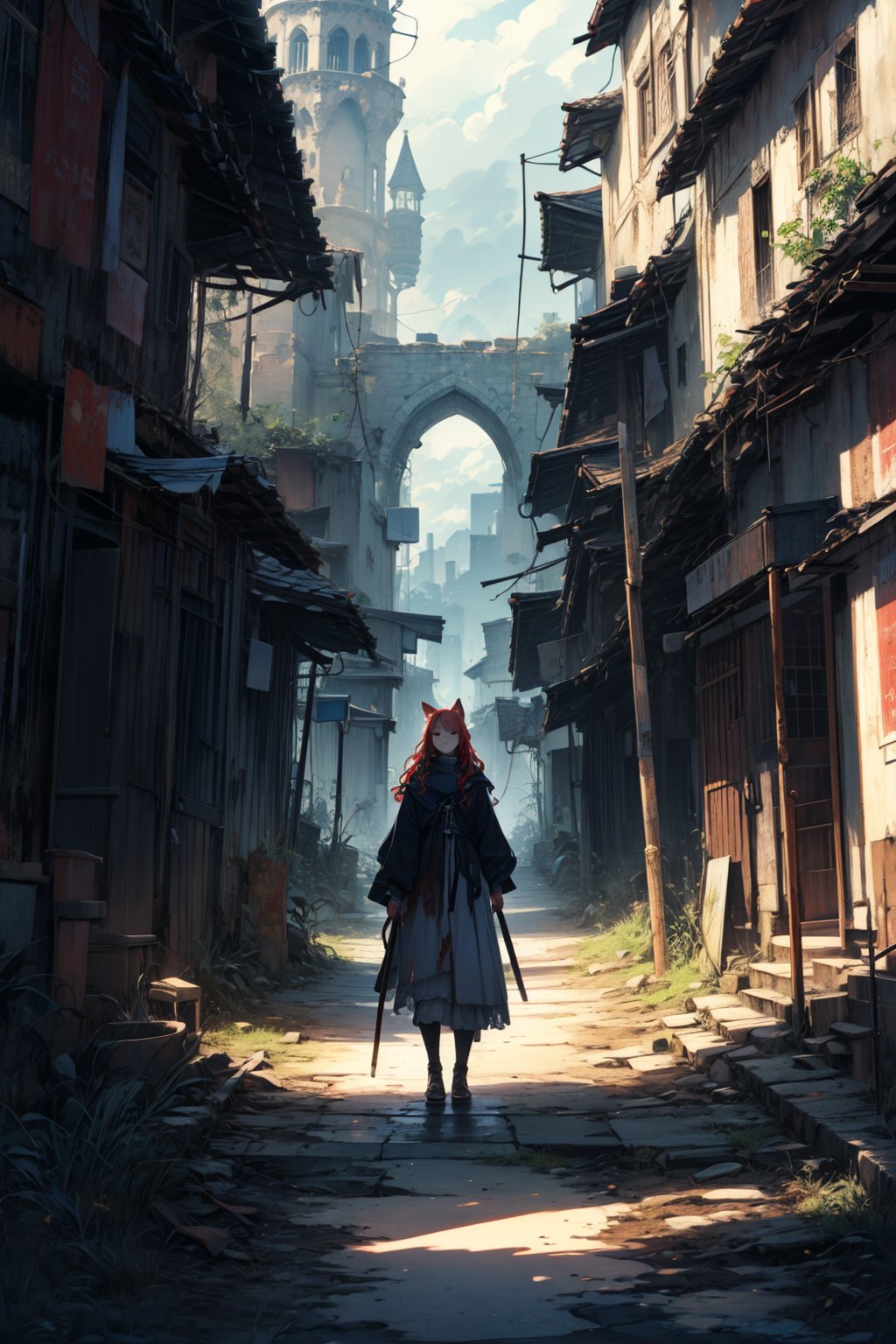 In a gloomy color painting, a girl（15yo） with long red hair, stands in the center of the painting, occupying one third of the painting. She wears shabby clothes. The girl has cool blue eyes, dark red hair, and cat ears. Her costume trim has some damage and stains. There is a medieval castle in the main visual background, and the surrounding environment is a dilapidated and gloomy city. The scene is set against a cloudy sky, adding to the authenticity of the painting.