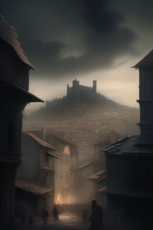 {
  "prompt": "Depict a vast, war-torn cityscape under a gloomy, overcast sky. The city is divided into two distinct areas: an upper district with grand, crumbling buildings representing faded nobility and power, and a chaotic lower district filled with narrow, winding streets and makeshift shelters. The streets are crowded with a mix of refugees and soldiers, with tension palpable in the air. In the background, a towering fortress looms over the city, symbolizing control and oppression. The city's architecture should blend elements of medieval and gothic design, with hints of magical energy glowing faintly around certain buildings. In the sky, faint traces of holy light clash with dark, ominous clouds, representing the ongoing struggle between divine forces and dark powers. Include subtle details like b
