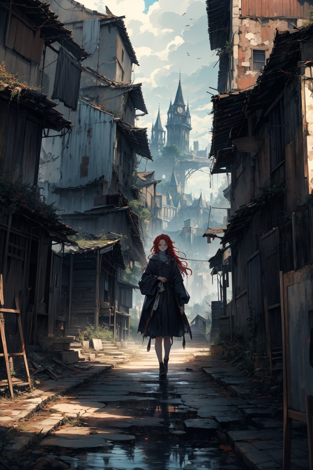 In a gloomy color painting, a girl（15yo） with long red hair, stands in the center of the painting, occupying one third of the painting. She wears broken clothes. The girl has cool blue eyes, dark red hair, and cat ears. Her costume trim has some damage and stains. There is a medieval castle in the main visual background, and the surrounding environment is a dilapidated and gloomy city. The scene is set against a cloudy sky, adding to the authenticity of the painting.