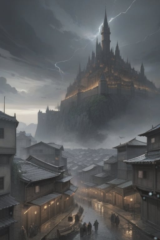 Depict a vast, war-torn cityscape under a gloomy, overcast sky. The city is divided into two distinct areas: an upper district with grand, crumbling buildings representing faded nobility and power, and a chaotic lower district filled with narrow, winding streets and makeshift shelters. The streets are crowded with a mix of refugees and soldiers, with tension palpable in the air. In the background, a towering fortress looms over the city, symbolizing control and oppression. The city's architecture should blend elements of medieval and gothic design, with hints of magical energy glowing faintly around certain buildings. In the sky, faint traces of holy light clash with dark, ominous clouds, representing the ongoing struggle between divine forces and dark powers. Include subtle details like b
