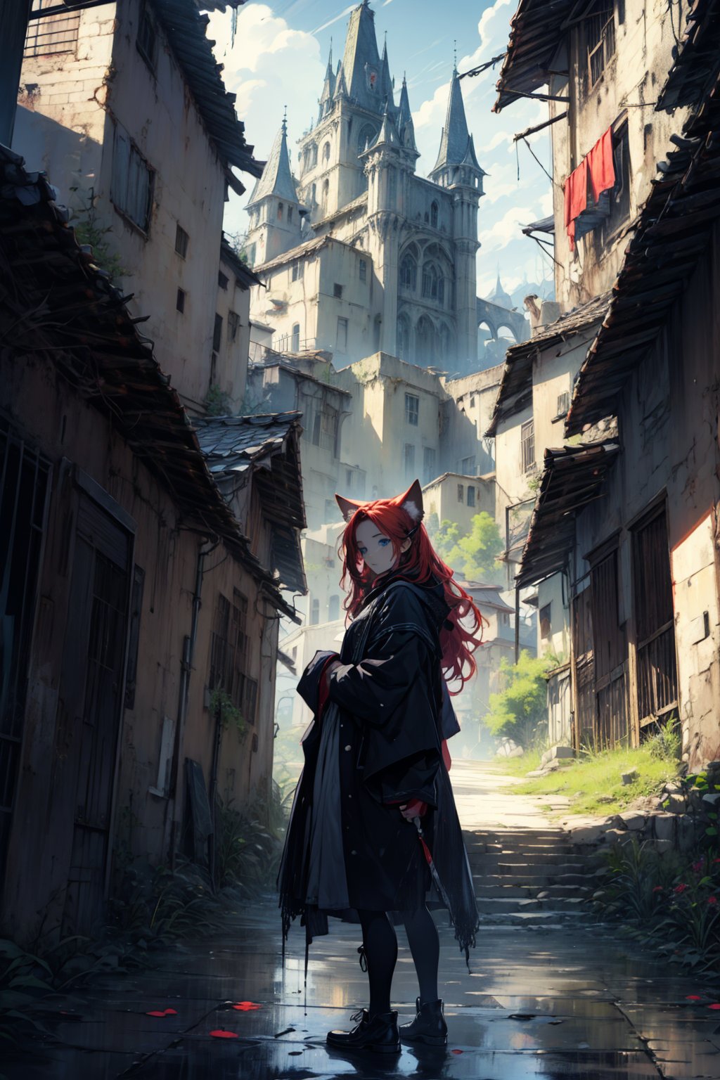 In a dark color painting, a girl（15yo） with long red hair, stands in the center of the painting, occupying one third of the painting. She wears shabby clothes. The girl has cool blue eyes, dark red hair, and cat ears. Her costume trim has some damage and stains. There is a medieval castle in the main visual background, and the surrounding environment is a dilapidated and gloomy city. The scene is set against a cloudy sky, adding to the authenticity of the painting.