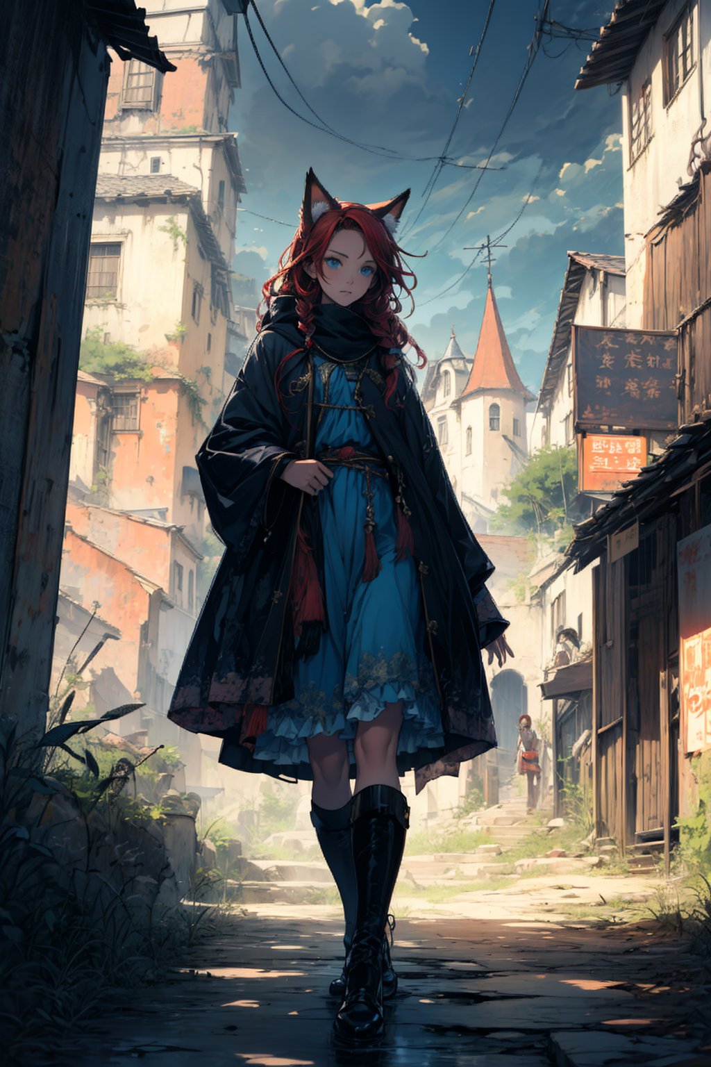 In a gloomy color painting, a girl（15yo） with long red hair, stands in the center of the painting, occupying one third of the painting. She wears shabby clothes. The girl has cool blue eyes, dark red hair, and cat ears. Her costume trim has some damage and stains. There is a medieval castle in the main visual background, and the surrounding environment is a dilapidated and gloomy city. The scene is set against a cloudy sky, adding to the authenticity of the painting.