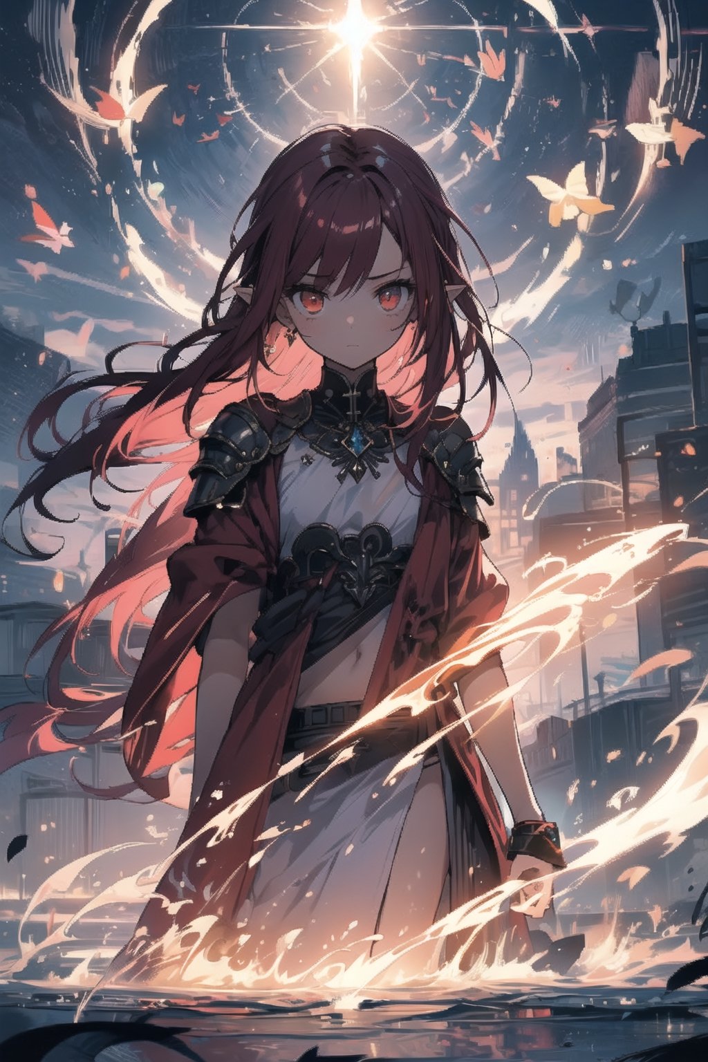 1girl, redhair, moonlight eyes, red eyes, Holy Light Sect robes, concealed ears, leather chest armor, dual blades, young woman, confident expression, youthful innocence, faint melancholy 