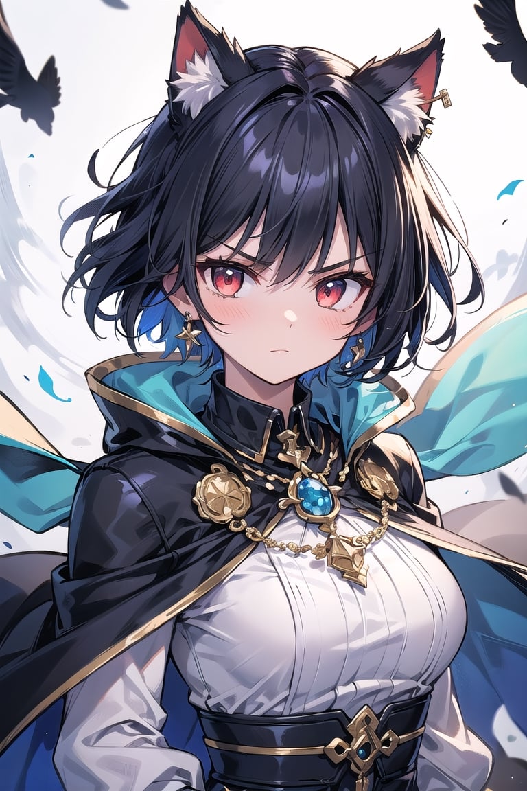 1girl, solo, short hair, looking at viewer, blush, bangs, red eyes, black hair, inner red hair, gloves, long sleeves, animal ears, jewelry, closed mouth, upper body, weapon, earrings, outdoors, black gloves, sword, cat ears, necklace, blue and white cape, v-shaped eyebrows, animal ear fluff, floating hair, holding sword, extra ears, serious, glint, Sexy Pose