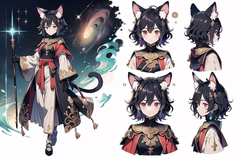 (CharacterSheet:1), {{Design Character Sheet}}, girl, 25 years old, solo, short hair with bangs, black hair with red highlights, red eyes, gloves, long sleeves, animal ears, hair between eyes, adorned with jewelry, closed mouth, multicolored hair, earrings, detached sleeves, black gloves, cat ears, blue and white cape with religious symbolism, armor, two-tone hair, v-shaped eyebrows, animal ear fluff, different pose, {{{different angle (up, down, left, right back view, back facing, sideways)}}, {different expression}}, different point of view, optimal arrangement, {{there is space}}, do not overlap, white flat background, {{not cut off}}, margin border 2 space, (upper body and waist up), dynamic angle, {illustration}, cinematic angle, {{{pattern of clothes}}}, {{{Holy Light religious order assassin imagery}}}, (beautiful detailed eyes), 4x3, Perfect Finger, perfect anatomy, perfect arm, perfect hand, Midjourney-anime style, stunning landscape, screenshot animation, small chest, (multiple views, full body, upper body, reference sheet:1).