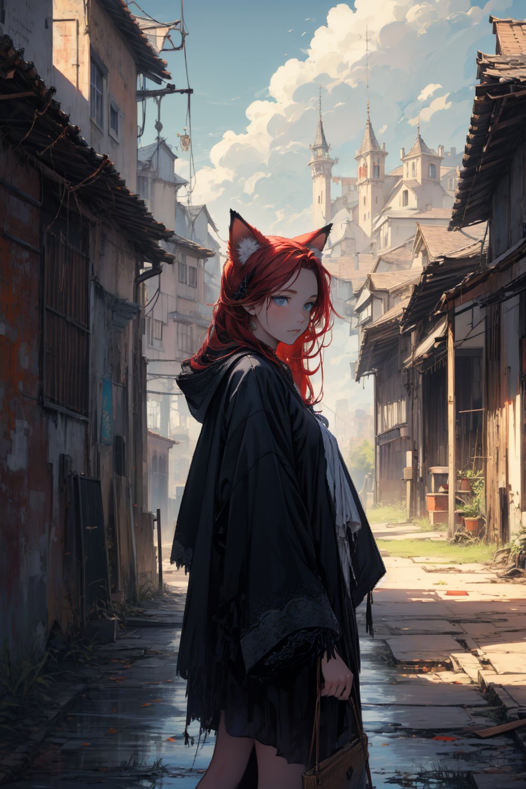 In a gloomy color painting, a girl（15yo） with long red hair, stands in the center of the painting, occupying one third of the painting. She wears shabby clothes. The girl has cool blue eyes, dark red hair, and cat ears. Her costume trim has some damage and stains. There is a medieval castle in the main visual background, and the surrounding environment is a dilapidated and gloomy city. The scene is set against a cloudy sky, adding to the authenticity of the painting.