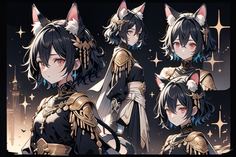 (CharacterSheet:1), {{Design Character Sheet}}, girl, 25 years old, solo, short hair with bangs, black hair with red highlights, red eyes, gloves, long sleeves, animal ears, hair between eyes, adorned with jewelry, closed mouth, multicolored hair, earrings, detached sleeves, black gloves, cat ears, blue and white cape with religious symbolism, armor, two-tone hair, v-shaped eyebrows, animal ear fluff, different pose, {{{different angle (up, down, left, right back view, back facing, sideways)}}, {different expression}}, different point of view, optimal arrangement, {{there is space}}, do not overlap, white flat background, {{not cut off}}, margin border 2 space, (upper body and waist up), dynamic angle, {illustration}, cinematic angle, {{{pattern of clothes}}}, {{{Holy Light religious order assassin imagery}}}, (beautiful detailed eyes), 4x3, Perfect Finger, perfect anatomy, perfect arm, perfect hand, Midjourney-anime style, stunning landscape, screenshot animation, small chest, (multiple views, full body, upper body, reference sheet:1).