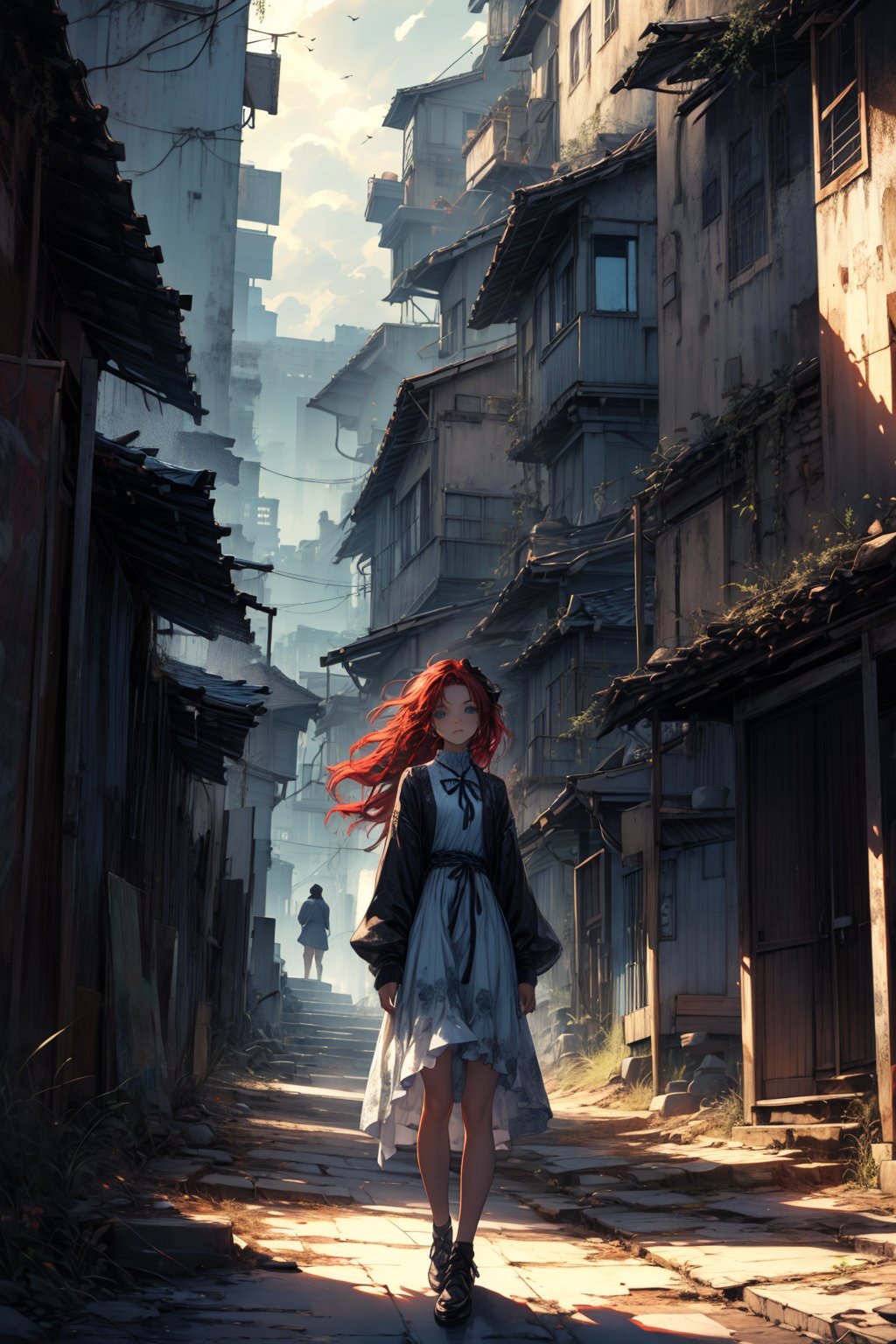 In a gloomy color painting, a girl（15yo） with long red hair, stands in the center of the painting, occupying one third of the painting. She wears shabby dress. The girl has cool blue eyes, dark red hair, and cat ears. Her costume trim has some damage and stains. There is a medieval castle in the main visual background, and the surrounding environment is a dilapidated and gloomy city. The scene is set against a cloudy sky, adding to the authenticity of the painting.