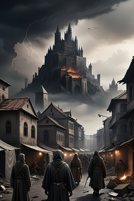 Depict a vast, war-torn cityscape under a gloomy, overcast sky. The city is divided into two distinct areas: an upper district with grand, crumbling buildings representing faded nobility and power, and a chaotic lower district filled with narrow, winding streets and makeshift shelters. The streets are crowded with a mix of refugees and soldiers, with tension palpable in the air. In the background, a towering fortress looms over the city, symbolizing control and oppression. The city's architecture should blend elements of medieval and gothic design, with hints of magical energy glowing faintly around certain buildings. In the sky, faint traces of holy light clash with dark, ominous clouds, representing the ongoing struggle between divine forces and dark powers. Include subtle details like b
