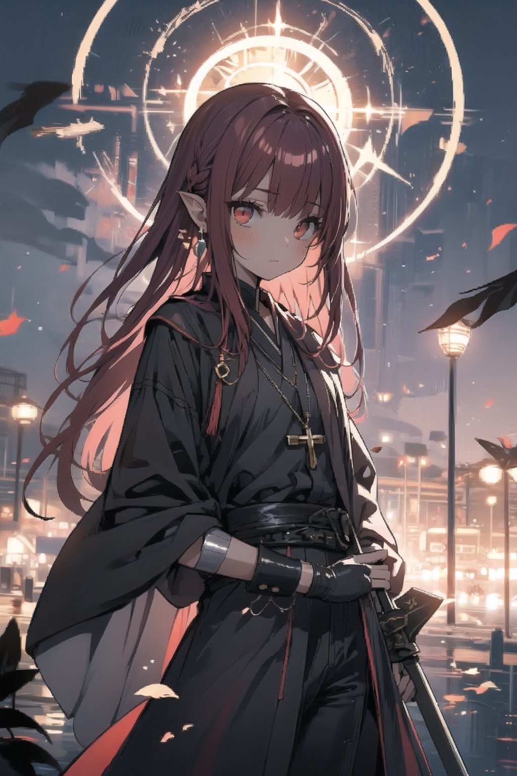 1girl, redhair, moonlight eyes, red eyes, Holy Light Sect robes, concealed ears, leather chest armor, dual blades, young woman, confident expression, youthful innocence, faint melancholy 