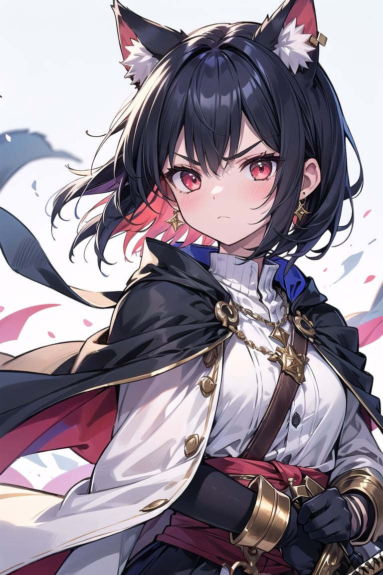 1girl, solo, short hair, looking at viewer, blush, bangs, red eyes, black hair, inner red hair, gloves, long sleeves, animal ears, jewelry, closed mouth, upper body, weapon, earrings, outdoors, black gloves, sword, cat ears, necklace, blue and white cape, v-shaped eyebrows, animal ear fluff, floating hair, holding sword, extra ears, serious, glint, Sexy Pose