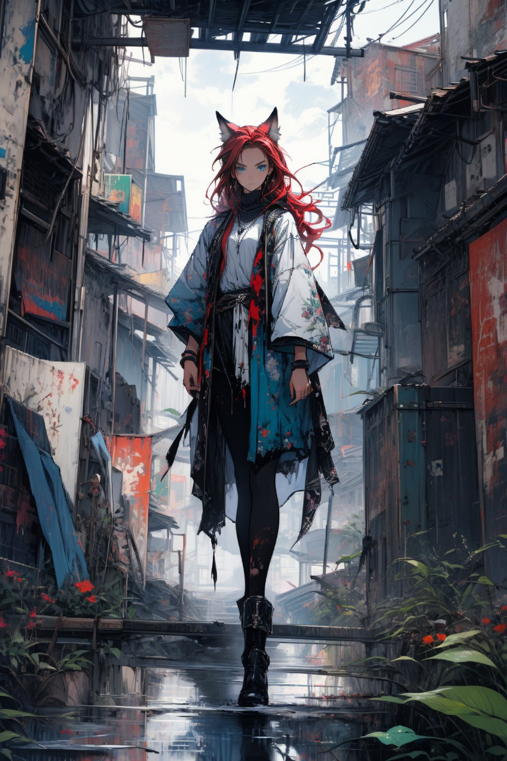 In a gloomy color painting, a girl（15yo） with long red hair, stands in the center of the painting, occupying one third of the painting. She wears broken clothes. The girl has cool blue eyes, dark red hair, and cat ears. Her costume trim has some damage and stains. There is a medieval castle in the main visual background, and the surrounding environment is a dilapidated and gloomy city. The scene is set against a cloudy sky, adding to the authenticity of the painting.