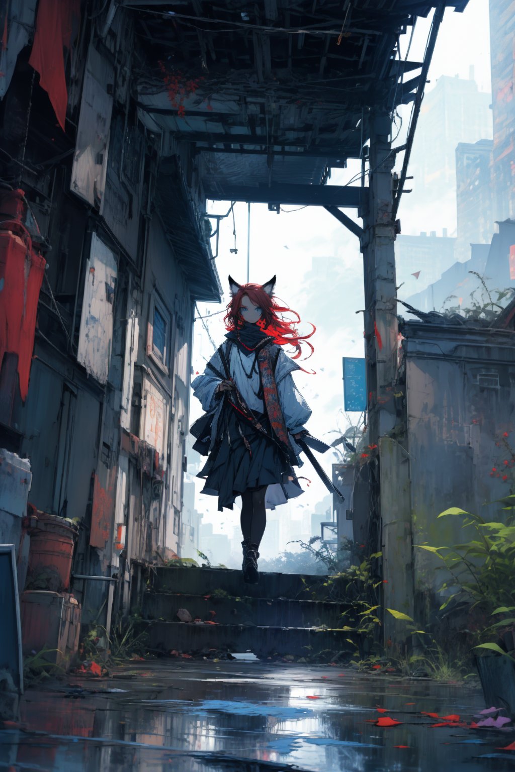 In a gloomy color painting, a girl（15yo） with long red hair, stands in the center of the painting, occupying one third of the painting. She wears broken clothes. The girl has cool blue eyes, dark red hair, and cat ears. Her costume trim has some damage and stains. There is a medieval castle in the main visual background, and the surrounding environment is a dilapidated and gloomy city. The scene is set against a cloudy sky, adding to the authenticity of the painting.