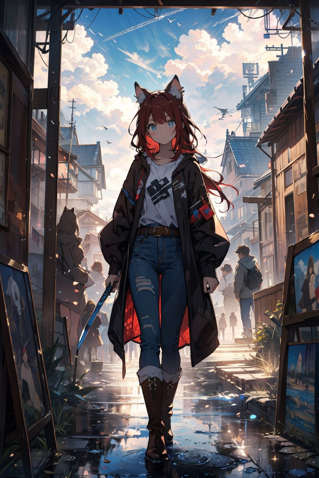 Captured in a vibrant colored painting, a girl with long red hair stands in the middle of the frame. She is dressed in a medieval-style outfit, adorned with a white shirt and blue jeans. Her boots are adorned with brown straps, adding a touch of charm to her outfit. The girl's eyes are a piercing blue, while her hair is a darker shade of red with cat ears. Her outfit is adorned with white polka dots, a brown belt, and a pair of brown boots. To the right of the girl, a man in a white hooded sweatshirt is holding a sword in his right hand. In the background, a medieval castle is seen, with a bridge crossing over it. The scene is set against a backdrop of a cloudy sky, adding to the authenticity of the painting.