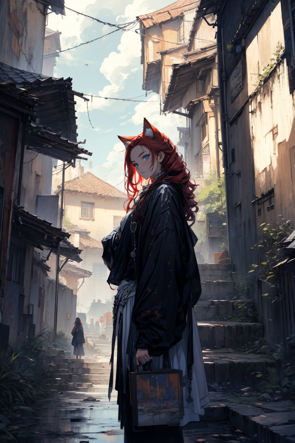 In a dark color painting, a girl（15yo） with long red hair, stands in the center of the painting, occupying one third of the painting. She wears shabby clothes. The girl has cool blue eyes, dark red hair, and cat ears. Her costume trim has some damage and stains. There is a medieval castle in the main visual background, and the surrounding environment is a dilapidated and gloomy city. The scene is set against a cloudy sky, adding to the authenticity of the painting.