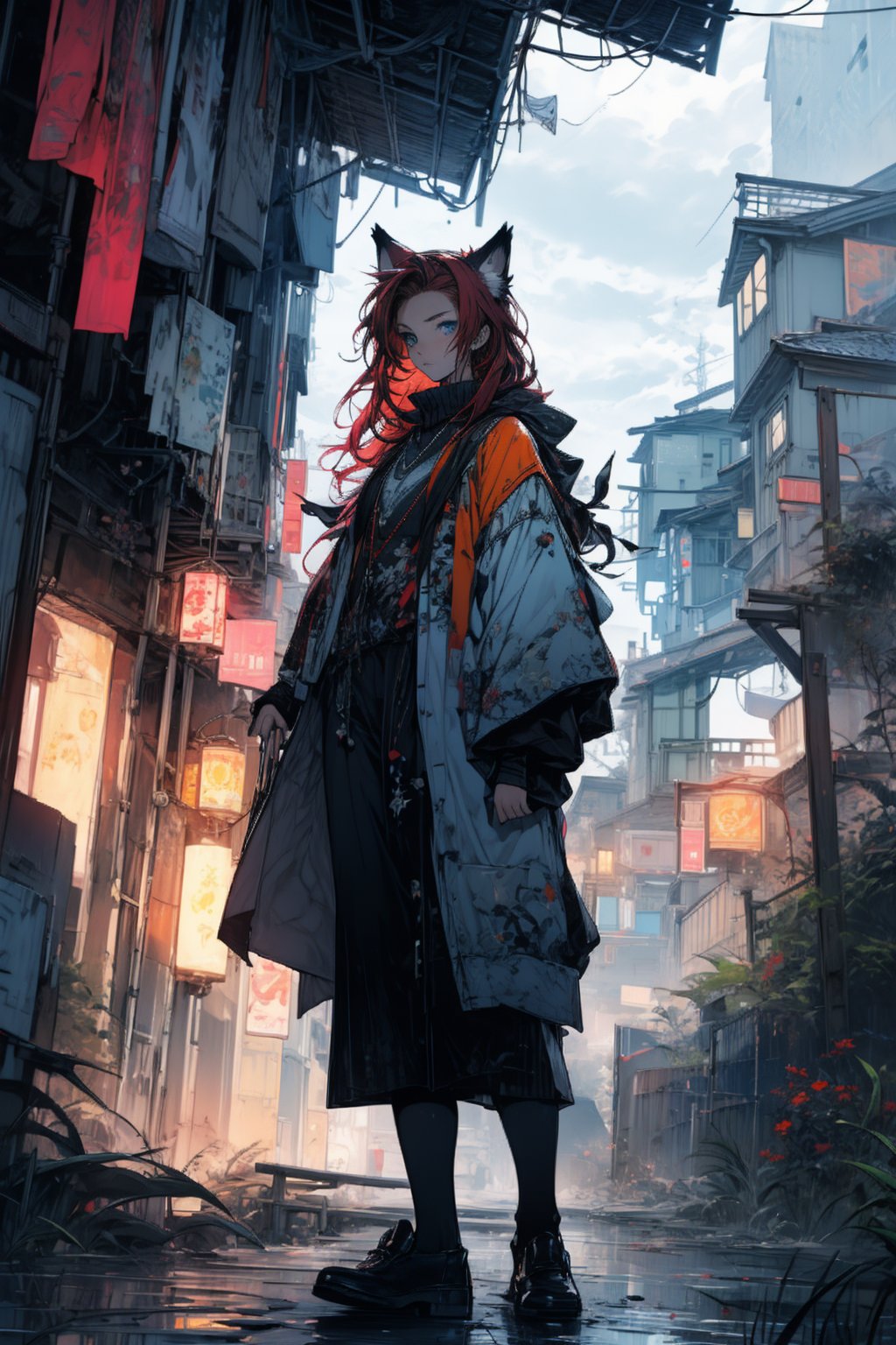 In a gloomy color painting, a girl（15yo） with long red hair, stands in the center of the painting, occupying one third of the painting. She wears broken clothes. The girl has cool blue eyes, dark red hair, and cat ears. Her costume trim has some damage and stains. There is a medieval castle in the main visual background, and the surrounding environment is a dilapidated and gloomy city. The scene is set against a cloudy sky, adding to the authenticity of the painting.