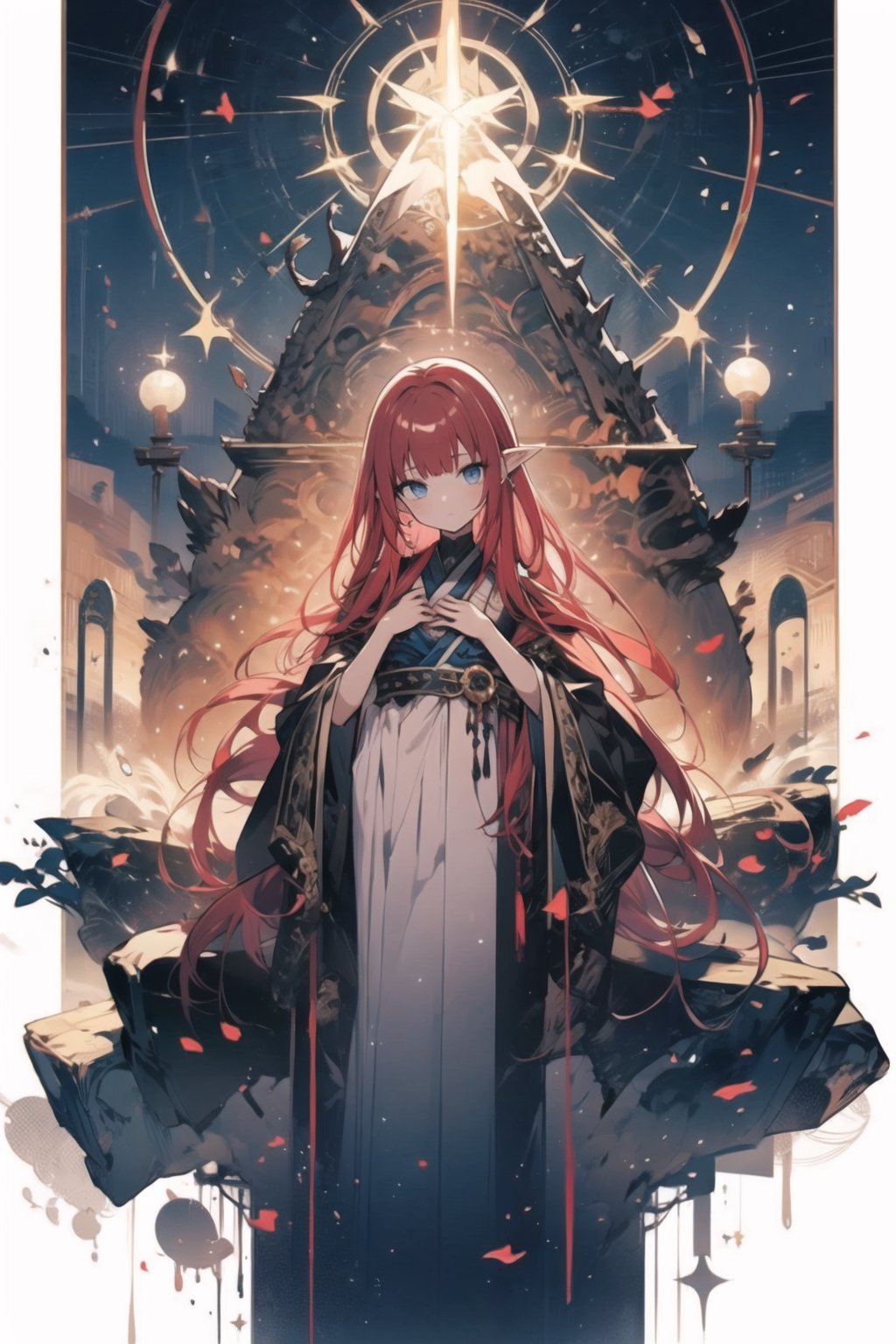 1girl,redhair, moonlight eyes, Holy Light Sect robes, concealed ears, leather chest armor, dual blades, young woman, confident expression, youthful innocence, faint melancholy 