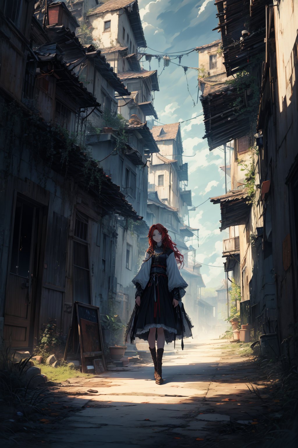 In a gloomy color painting, a girl（15yo） with long red hair, stands in the center of the painting, occupying one third of the painting. She wears shabby clothes. The girl has cool blue eyes, dark red hair, and cat ears. Her costume trim has some damage and stains. There is a medieval castle in the main visual background, and the surrounding environment is a dilapidated and gloomy city. The scene is set against a cloudy sky, adding to the authenticity of the painting.