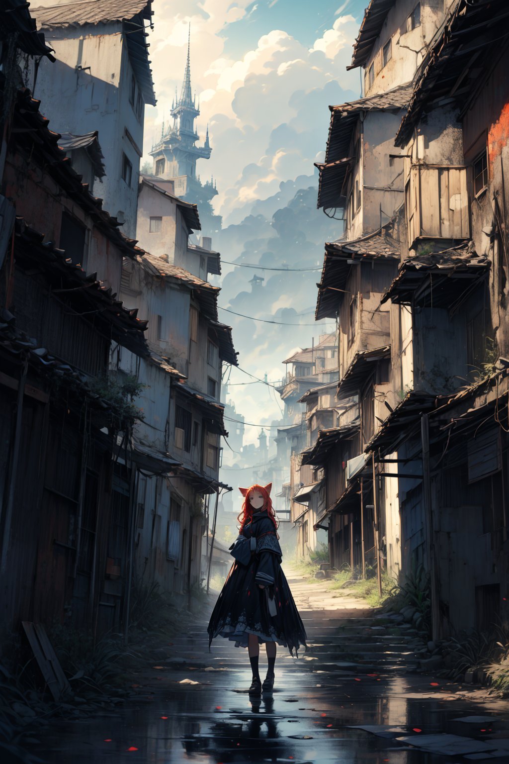 In a gloomy color painting, a girl（15yo） with long red hair, stands in the center of the painting, occupying one third of the painting. She wears shabby dress. The girl has cool blue eyes, dark red hair, and cat ears. Her costume trim has some damage and stains. There is a medieval castle in the main visual background, and the surrounding environment is a dilapidated and gloomy city. The scene is set against a cloudy sky, adding to the authenticity of the painting.