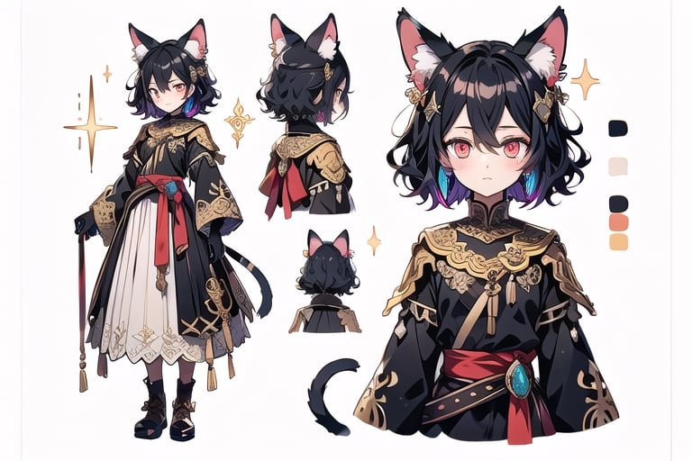 (CharacterSheet:1), {{Design Character Sheet}}, girl, 25 years old, solo, short hair with bangs, black hair with red highlights, red eyes, gloves, long sleeves, animal ears, hair between eyes, adorned with jewelry, closed mouth, multicolored hair, earrings, detached sleeves, black gloves, cat ears, blue and white cape with religious symbolism, armor, two-tone hair, v-shaped eyebrows, animal ear fluff, different pose, {{{different angle (up, down, left, right back view, back facing, sideways)}}, {different expression}}, different point of view, optimal arrangement, {{there is space}}, do not overlap, white flat background, {{not cut off}}, margin border 2 space, (upper body and waist up), dynamic angle, {illustration}, cinematic angle, {{{pattern of clothes}}}, {{{Holy Light religious order assassin imagery}}}, (beautiful detailed eyes), 4x3, Perfect Finger, perfect anatomy, perfect arm, perfect hand, Midjourney-anime style, stunning landscape, screenshot animation, small chest, (multiple views, full body, upper body, reference sheet:1).