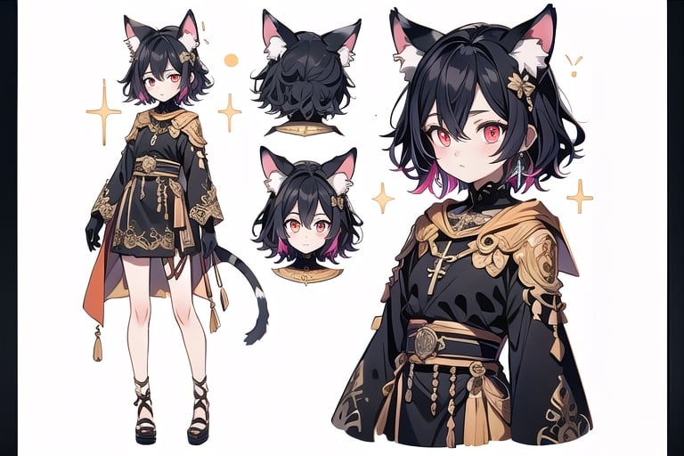 (CharacterSheet:1), {{Design Character Sheet}}, girl, 25 years old, solo, short hair with bangs, black hair with red highlights, red eyes, gloves, long sleeves, animal ears, hair between eyes, adorned with jewelry, closed mouth, multicolored hair, earrings, detached sleeves, black gloves, cat ears, blue and white cape with religious symbolism, armor, two-tone hair, v-shaped eyebrows, animal ear fluff, different pose, {{{different angle (up, down, left, right back view, back facing, sideways)}}, {different expression}}, different point of view, optimal arrangement, {{there is space}}, do not overlap, white flat background, {{not cut off}}, margin border 2 space, (upper body and waist up), dynamic angle, {illustration}, cinematic angle, {{{pattern of clothes}}}, {{{Holy Light religious order assassin imagery}}}, (beautiful detailed eyes), 4x3, Perfect Finger, perfect anatomy, perfect arm, perfect hand, Midjourney-anime style, stunning landscape, screenshot animation, small chest, (multiple views, full body, upper body, reference sheet:1).