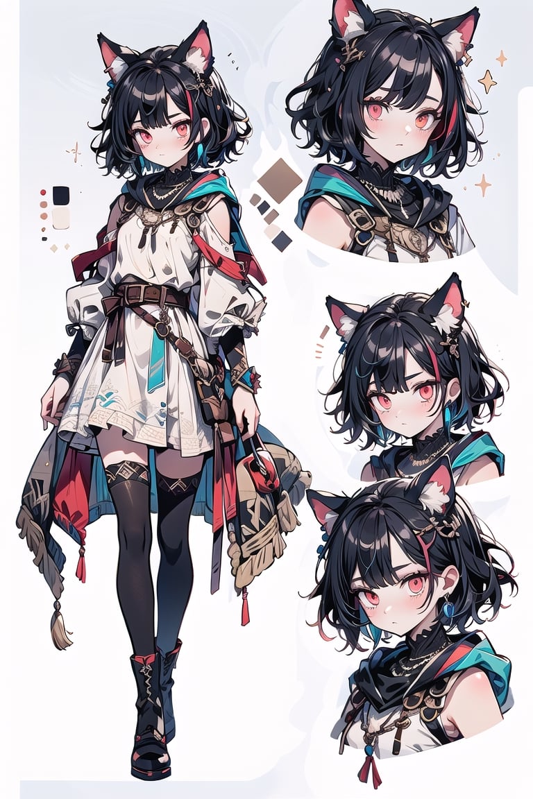 Create a detailed character sheet for Aelia, focusing on her unique appearance and personality traits. Highlight her striking short hair, black on the outside with hints of red blending in, adorned with cat ears, showcasing her beauty and individuality. Explore her complex emotions, from the determined gaze masking inner insecurities to occasional sharp expressions softened by warmth. Dive into her Y2K-inspired style, vibrant colors capturing realistic details through photography, utilizing a Sony A7R IV for crisp focus. Consider her medieval fantasy attire, including the blue and white cloak of the religious order, lightweight leather armor, and dual daggers symbolizing agility and the use of holy light magic. Craft a vivid image encapsulating Aelia's essence and her journey.
fantastical literary style, a guild assassin, a 25-year-old female, blue and white cloak, white breastplate, hood, waist guard, belt, jewelry, blue earrings, necklace, cat_ears, black-hair, red-hair, short hair, asymmetrical bangs, leather thigh-high boots, fingerless gloves, sleeveless_dress, V-shaped eyebrows, daggers, black high-necked leather vestment, armor, red_eyes,  (two-tone_hair:1.3), black_hair|red_hair. 