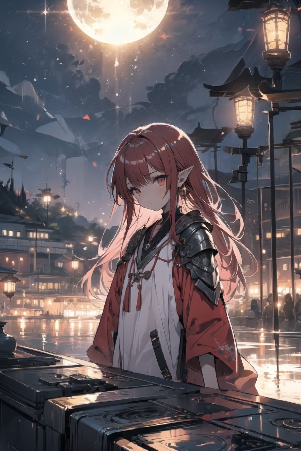 1girl, redhair, moonlight eyes, red eyes, Holy Light Sect robes, concealed ears, leather chest armor, dual blades, young woman, confident expression, youthful innocence, faint melancholy 