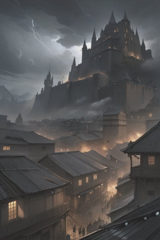 Depict a vast, war-torn cityscape under a gloomy, overcast sky. The city is divided into two distinct areas: an upper district with grand, crumbling buildings representing faded nobility and power, and a chaotic lower district filled with narrow, winding streets and makeshift shelters. The streets are crowded with a mix of refugees and soldiers, with tension palpable in the air. In the background, a towering fortress looms over the city, symbolizing control and oppression. The city's architecture should blend elements of medieval and gothic design, with hints of magical energy glowing faintly around certain buildings. In the sky, faint traces of holy light clash with dark, ominous clouds, representing the ongoing struggle between divine forces and dark powers. Include subtle details like b
