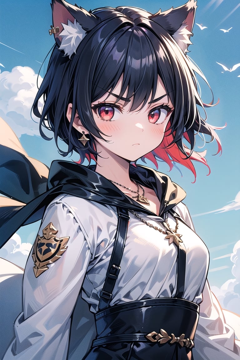 1girl, solo, short hair, looking at viewer, blush, Uneven bangs, red eyes, black hair, inner red hair, gloves, long sleeves, animal ears, jewelry, closed mouth, upper body, weapon, earrings, stepped sleeves, outdoors, black gloves, blades, cat ears, necklace, blue and white cape, v-shaped eyebrows, animal ear fluff, floating hair, holding sword, extra ears, serious, glint, Sexy Pose