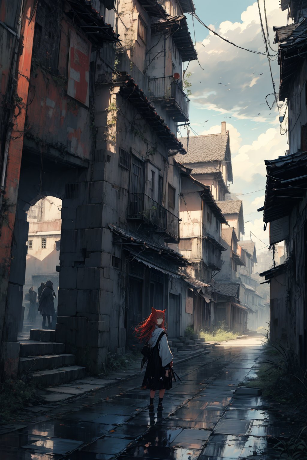 In a gloomy color painting, a girl（15yo） with long red hair, stands in the center of the painting, occupying one third of the painting. She wears broken clothes. The girl has cool blue eyes, dark red hair, and cat ears. Her costume trim has some damage and stains. There is a medieval castle in the main visual background, and the surrounding environment is a dilapidated and gloomy city. The scene is set against a cloudy sky, adding to the authenticity of the painting.