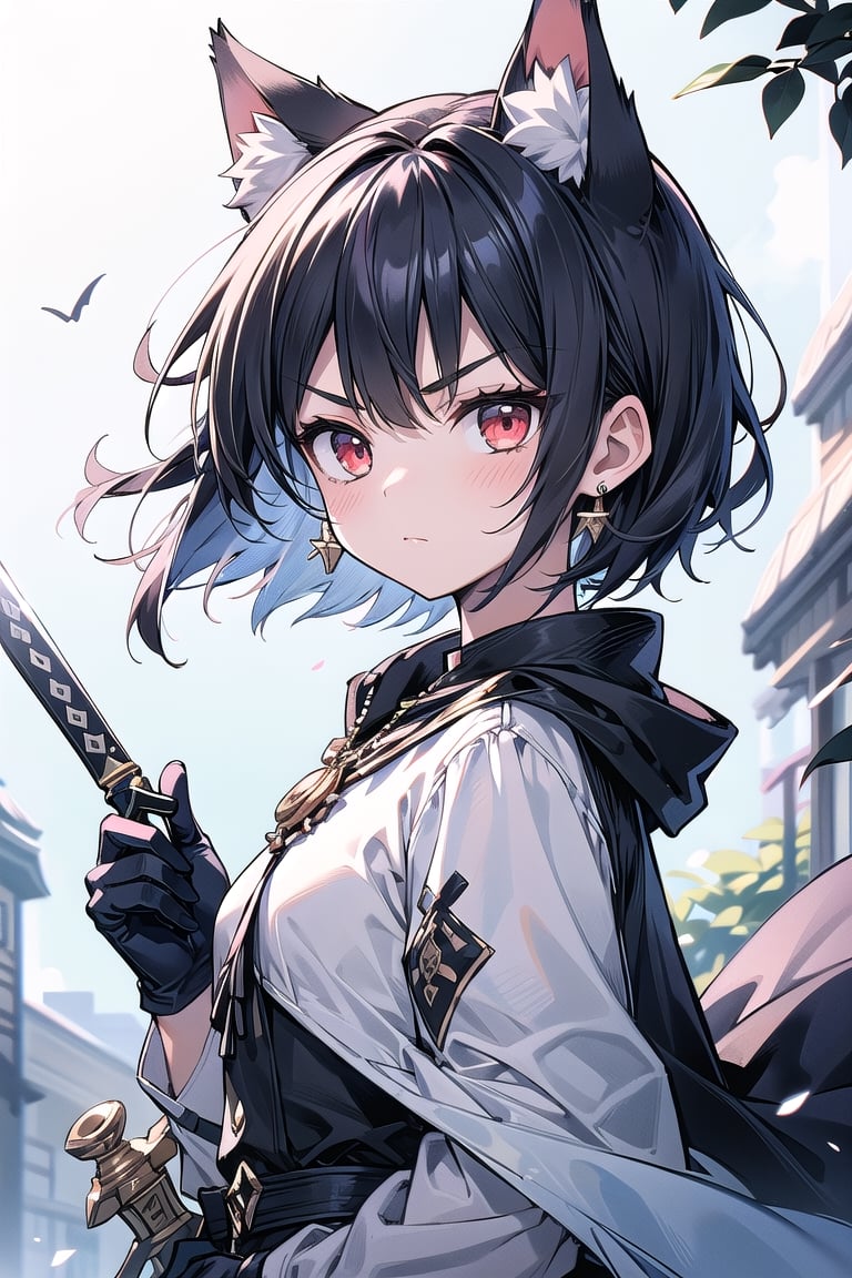 1girl, solo, short hair, looking at viewer, blush, Uneven bangs, red eyes, black hair, inner red hair, gloves, long sleeves, animal ears, jewelry, closed mouth, upper body, weapon, earrings, stepped sleeves, outdoors, black gloves, blades, cat ears, necklace, blue and white cape, v-shaped eyebrows, animal ear fluff, floating hair, holding sword, extra ears, serious, glint, Sexy Pose