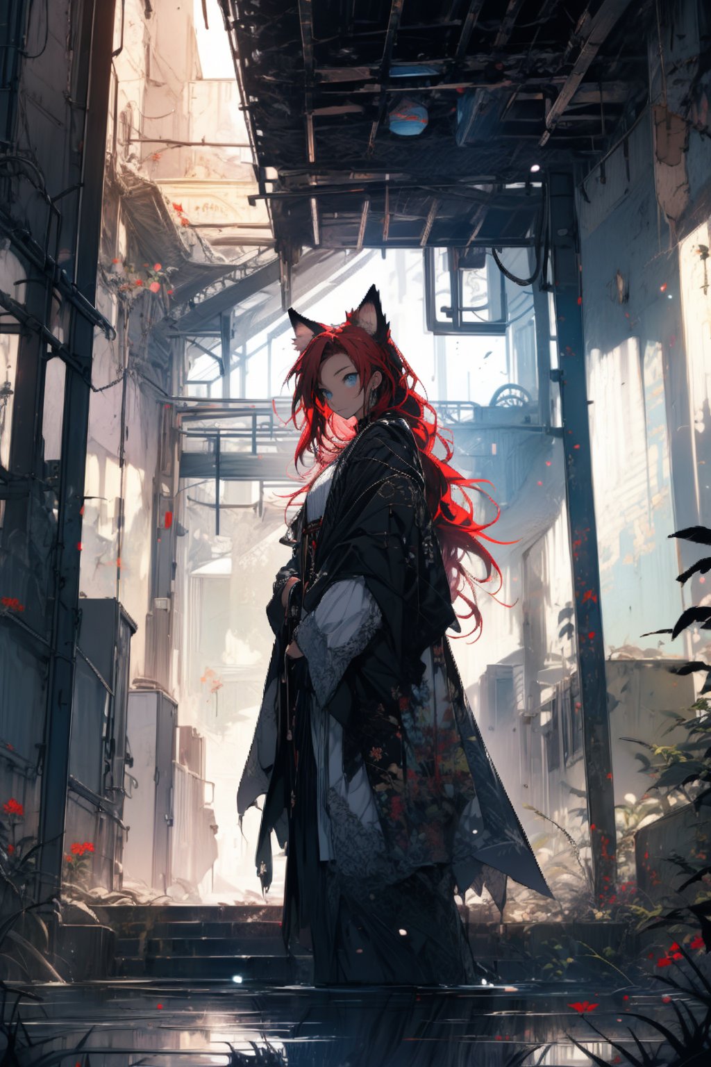 In a gloomy color painting, a girl with long red hair, stands in the center of the painting, occupying one third of the painting. She wears simple shabby clothes. The girl has cool blue eyes, dark red hair, and cat ears. Her costume trim has some damage and stains. There is a medieval castle in the main visual background, and the surrounding environment is a dilapidated and gloomy city. The scene is set against a cloudy sky, adding to the authenticity of the painting.