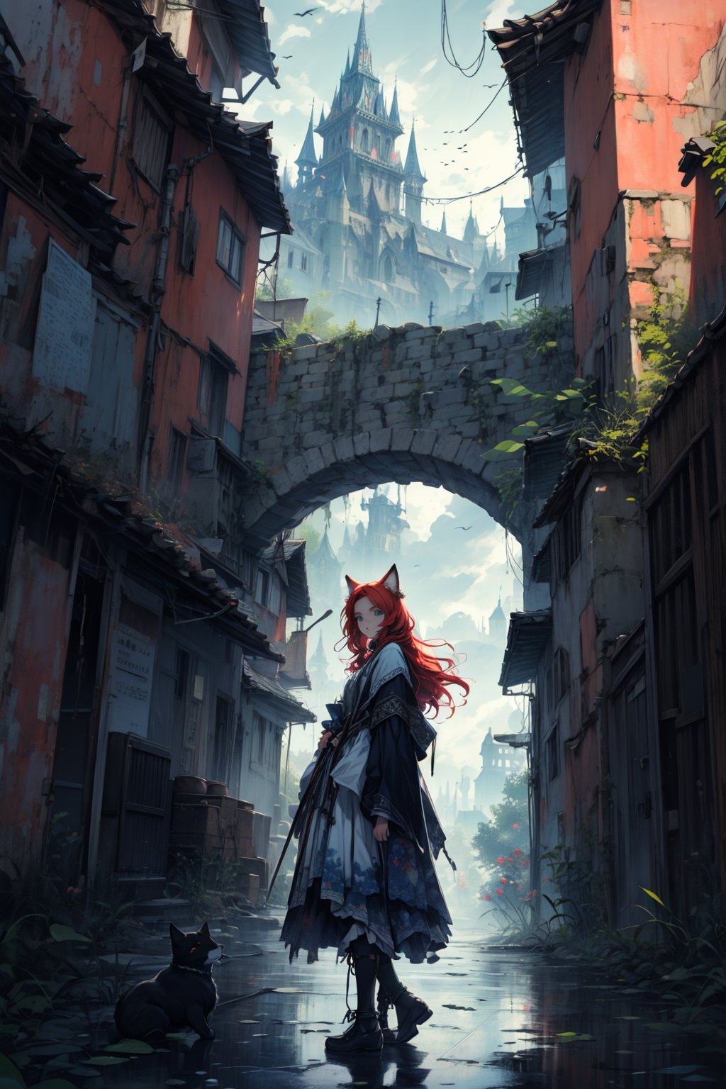 In a gloomy color painting, a girl（15yo） with long red hair, stands in the center of the painting, occupying one third of the painting. She wears shabby dress. The girl has cool blue eyes, dark red hair, and cat ears. Her costume trim has some damage and stains. There is a medieval castle in the main visual background, and the surrounding environment is a dilapidated and gloomy city. The scene is set against a cloudy sky, adding to the authenticity of the painting.