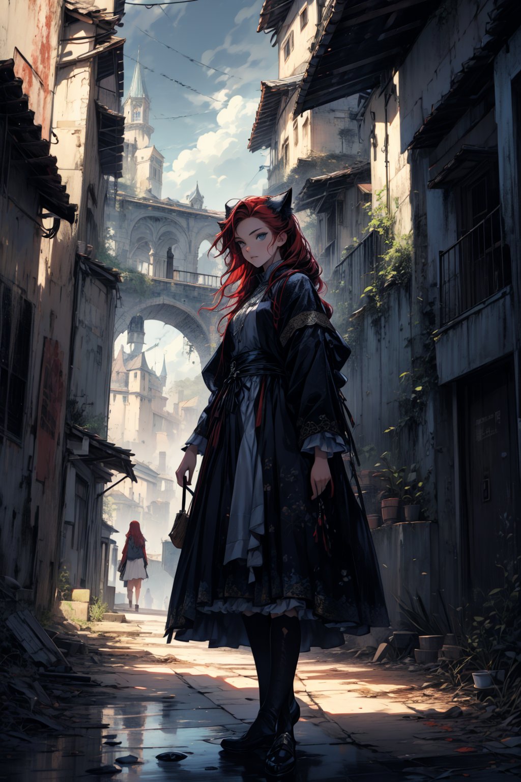 In a gloomy color painting, a girl（15yo） with long red hair, stands in the center of the painting, occupying one third of the painting. She wears shabby dress. The girl has cool blue eyes, dark red hair, and cat ears. Her costume trim has some damage and stains. There is a medieval castle in the main visual background, and the surrounding environment is a dilapidated and gloomy city. The scene is set against a cloudy sky, adding to the authenticity of the painting.