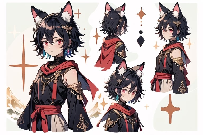 (CharacterSheet:1), {{Design Character Sheet}}, girl, 25 years old, solo, short hair with bangs, black hair with red highlights, red eyes, gloves, long sleeves, animal ears, hair between eyes, adorned with jewelry, closed mouth, multicolored hair, earrings, detached sleeves, black gloves, cat ears, blue and white cape with religious symbolism, armor, two-tone hair, v-shaped eyebrows, animal ear fluff, different pose, {{{different angle (up, down, left, right back view, back facing, sideways)}}, {different expression}}, different point of view, optimal arrangement, {{there is space}}, do not overlap, white flat background, {{not cut off}}, margin border 2 space, (upper body and waist up), dynamic angle, {illustration}, cinematic angle, {{{pattern of clothes}}}, {{{Holy Light religious order assassin imagery}}}, (beautiful detailed eyes), 4x3, Perfect Finger, perfect anatomy, perfect arm, perfect hand, Midjourney-anime style, stunning landscape, screenshot animation, small chest, (multiple views, full body, upper body, reference sheet:1).